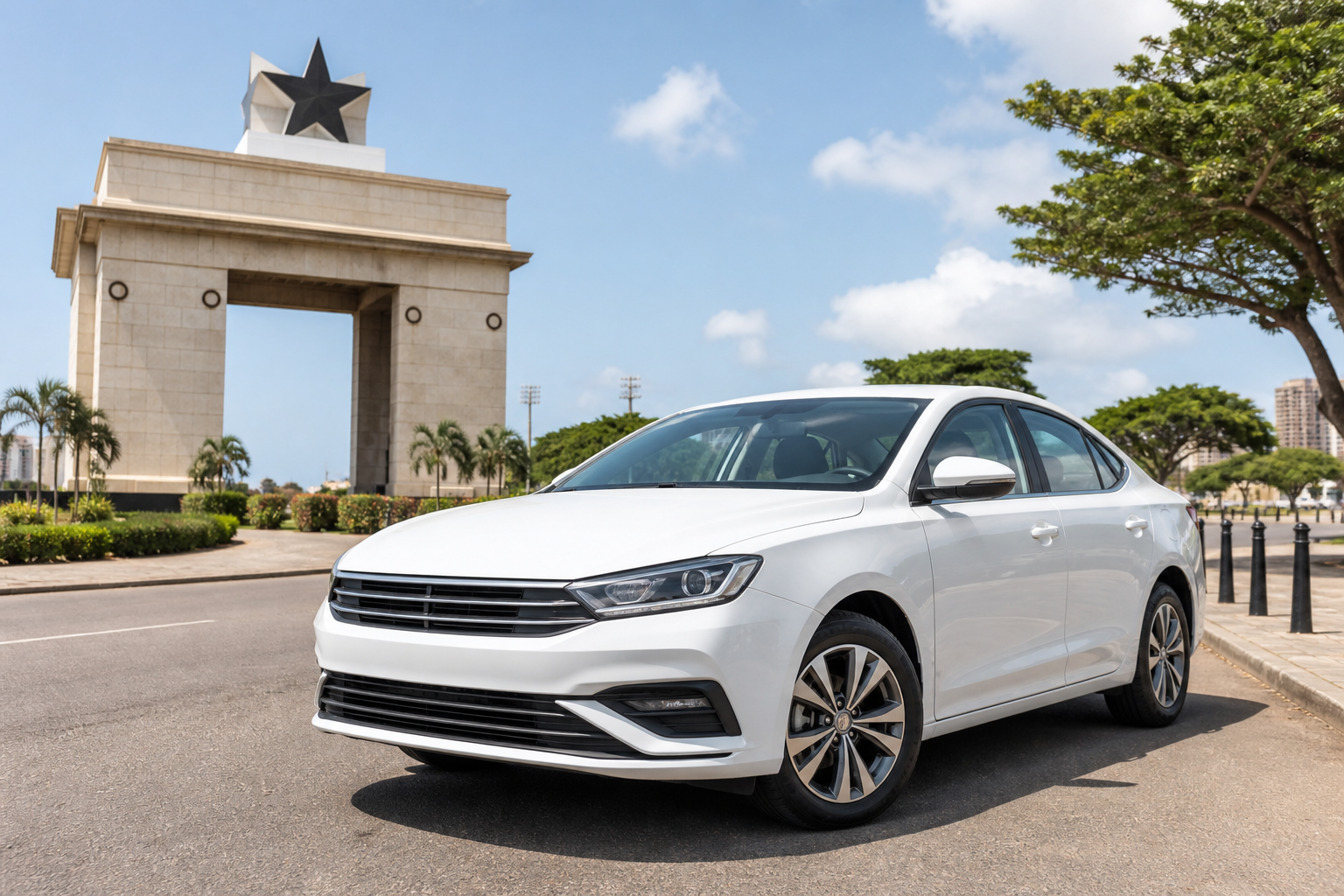 White sedan near Independence Arch, Accra
